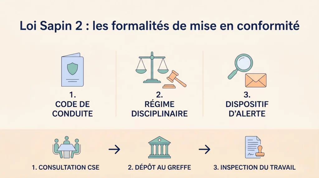 Infographie synthétisant les 3 formalités de conformité Loi Sapin 2 : code de conduite, régime disciplinaire et dispositif d'alerte, incluant le parcours légal (CSE, Greffe, Inspection du travail).