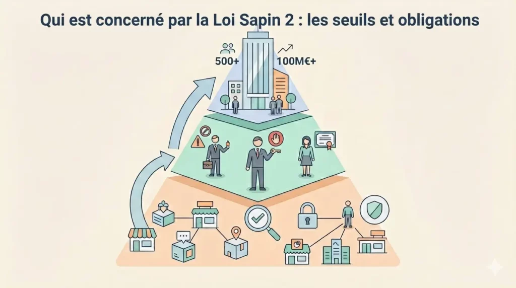Infographie des seuils de la loi Sapin 2 : 500 salariés et 100 millions d'euros de chiffre d'affaires.