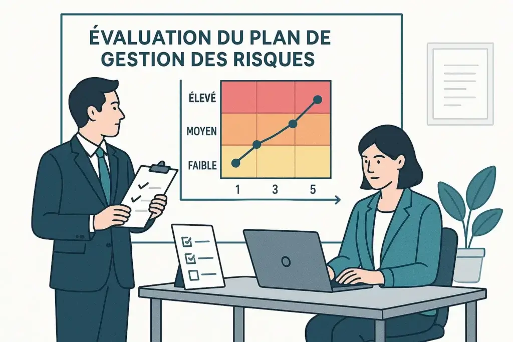 Illustration vectorielle montrant un risk manager et une collègue évaluant le plan de gestion des risques avec un graphique du niveau de risque.