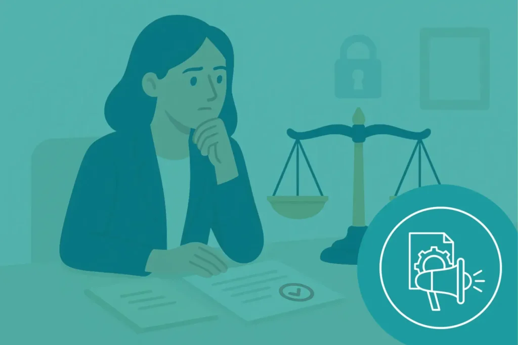 Illustration d'une femme analysant des documents pour la gestion des conflits d’intérêts, avec une balance de la justice sur son bureau.
