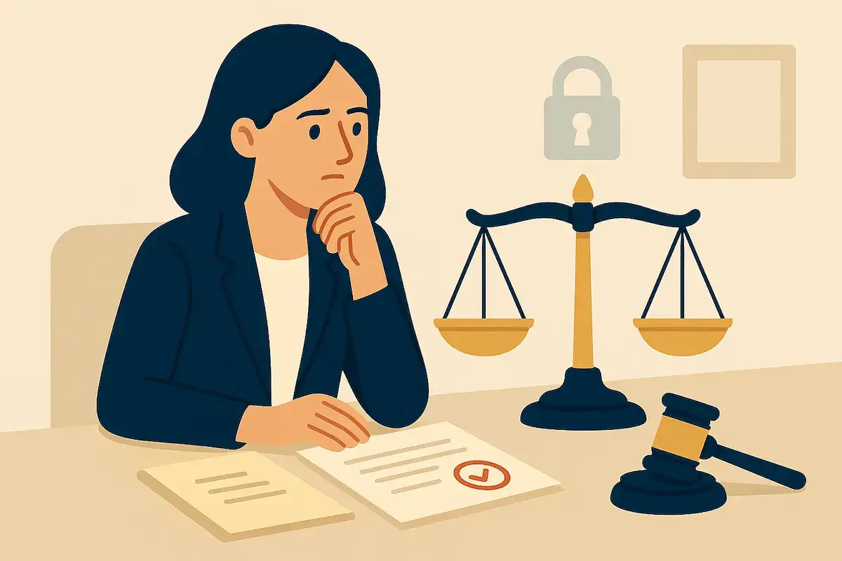 Illustration d'une femme analysant des documents pour la gestion des conflits d’intérêts, avec une balance de la justice sur son bureau.