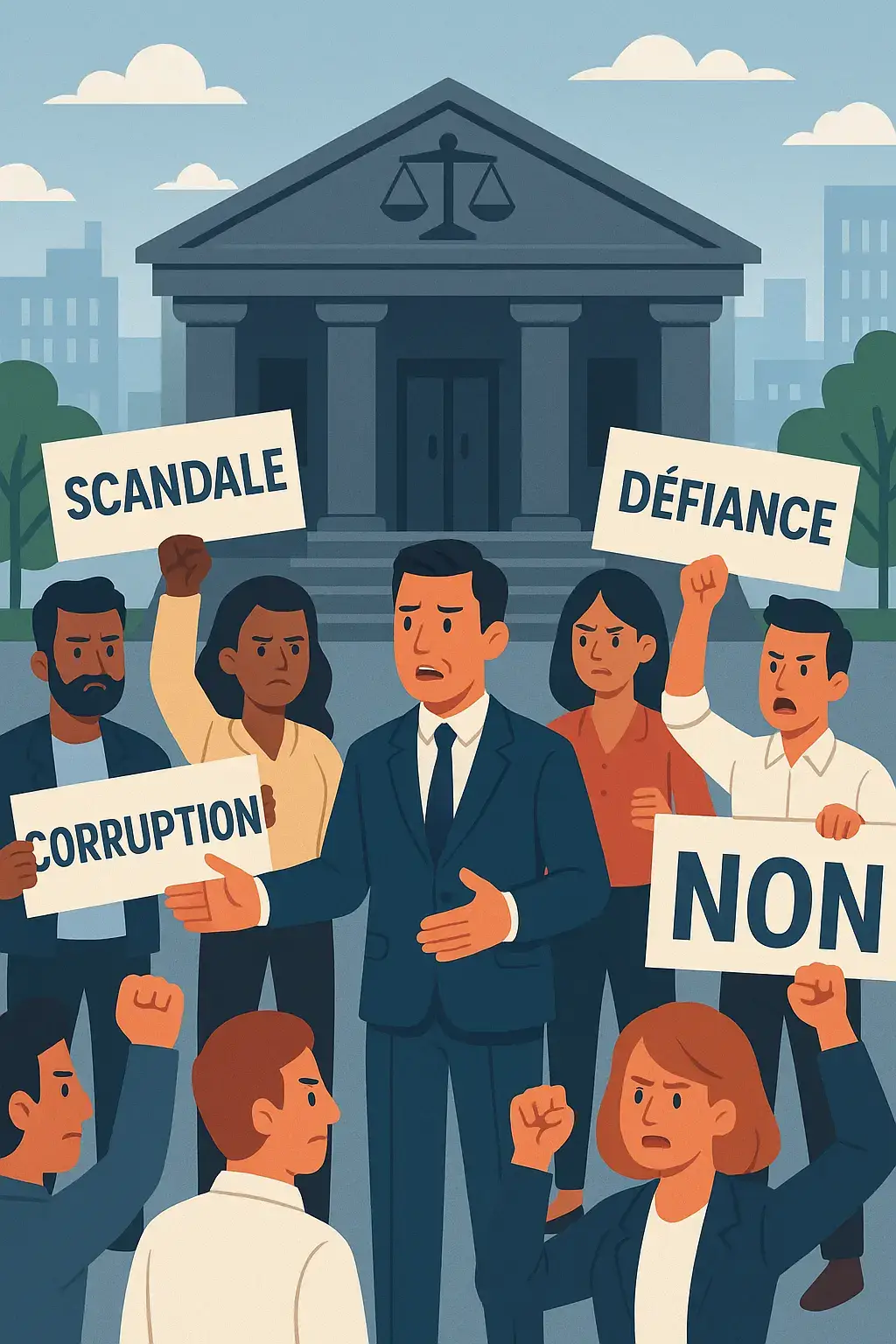 Manifestation citoyenne devant un bâtiment public pour dénoncer les conflits d’intérêts, la corruption et la perte de confiance envers les institutions.