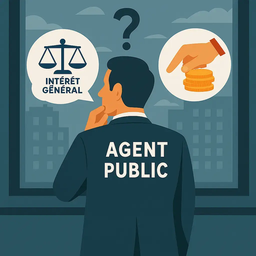 Illustration d’un agent public hésitant entre l’intérêt général et un intérêt personnel, symbole d’un dilemme éthique dans le secteur public.