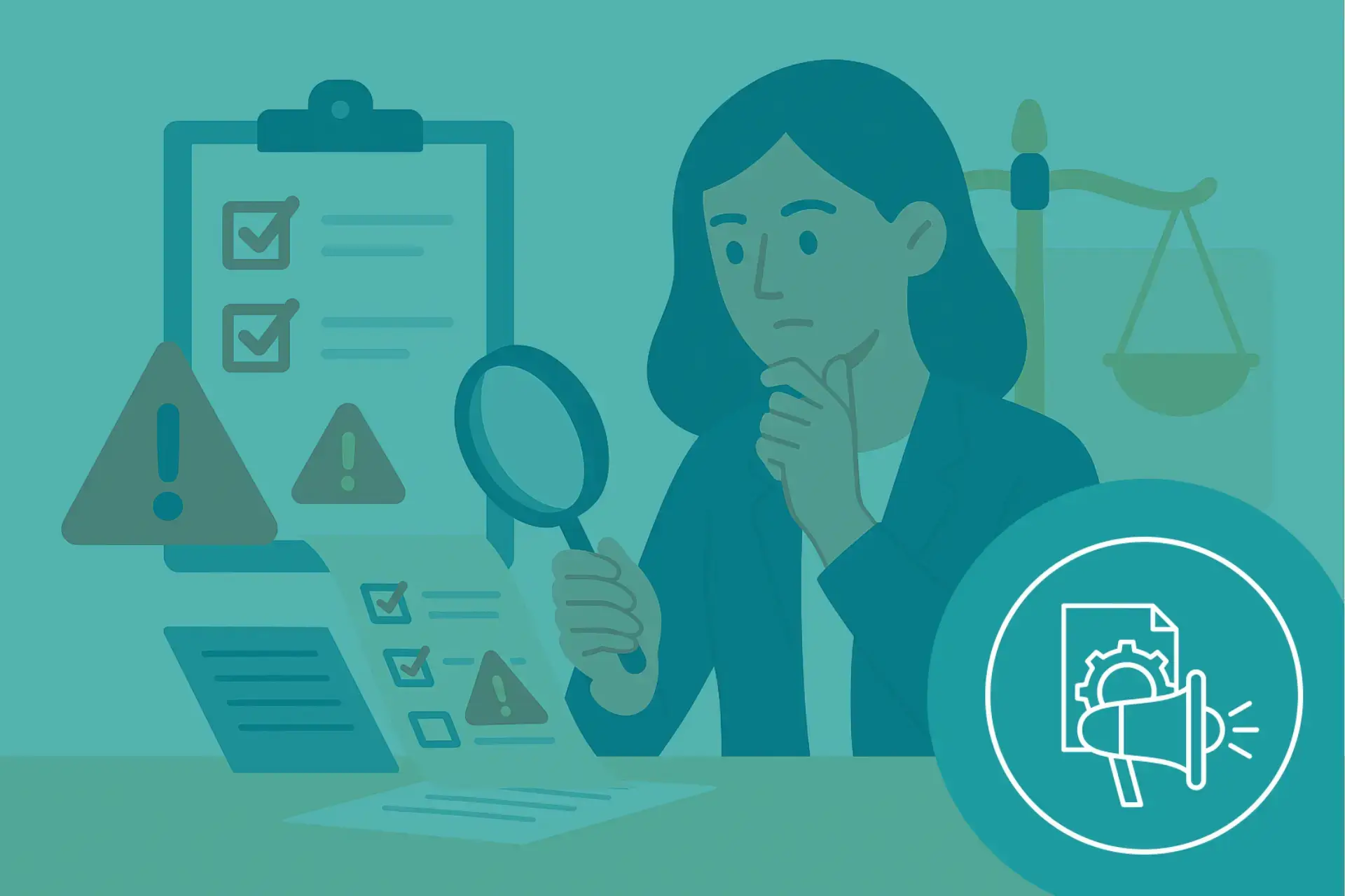 Illustration d'une femme identifiant un conflit d’intérêts en examinant une checklist, avec une balance de justice en arrière-plan.