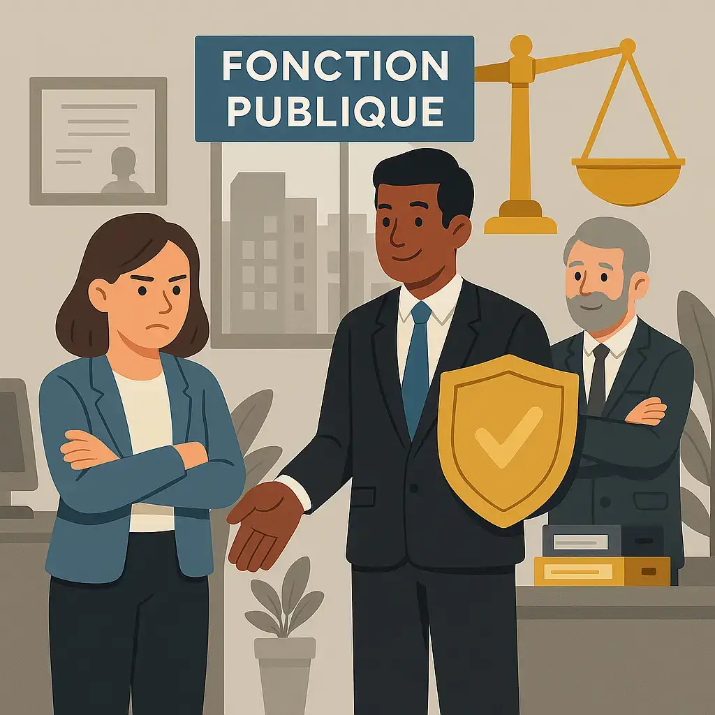 Illustration d’une situation de favoritisme dans la fonction publique, avec une femme mécontente face à un collègue bénéficiant d’un traitement privilégié.