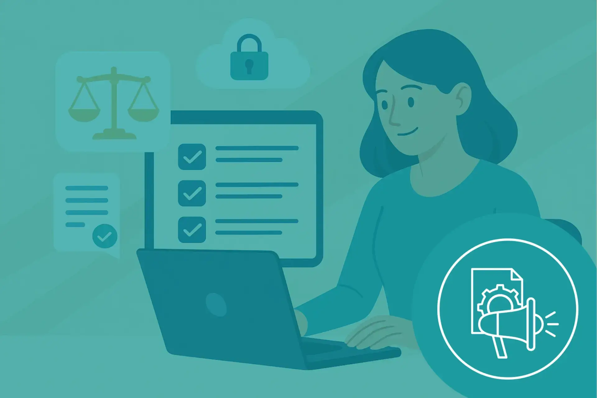 Illustration d’une femme utilisant un outil numérique pour gérer les conflits d’intérêts, avec une balance de justice, un cadenas cloud et une checklist.