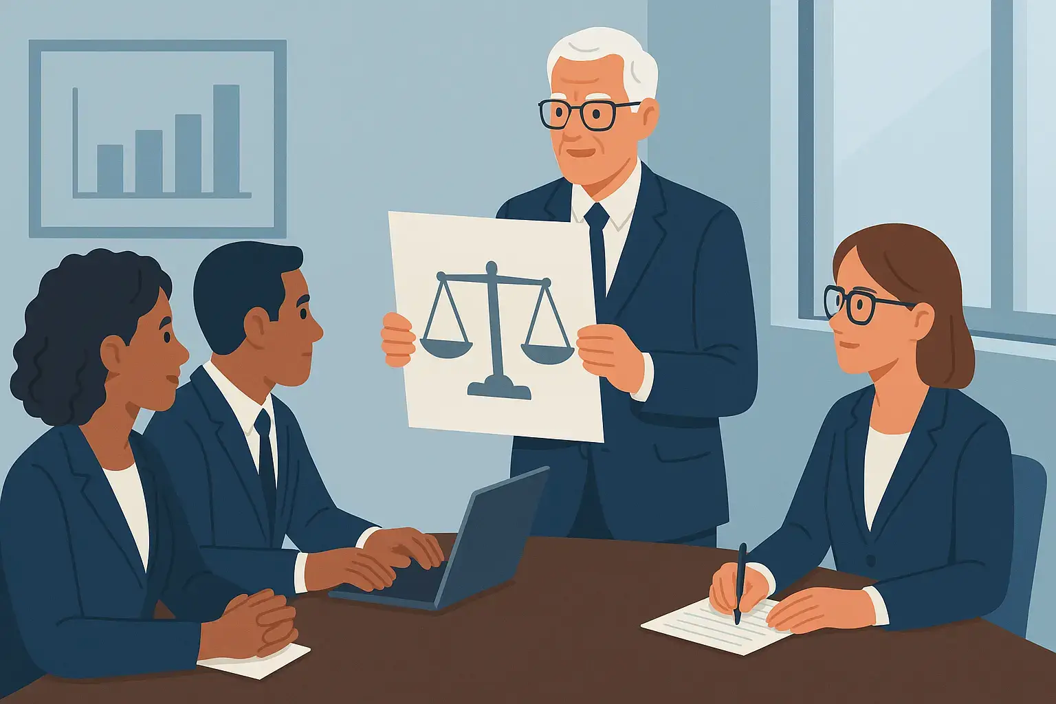 Illustration d’une réunion de gouvernance illustrant la transparence des décisions en entreprise avec des professionnels échangeant autour de la justice et de l’éthique.