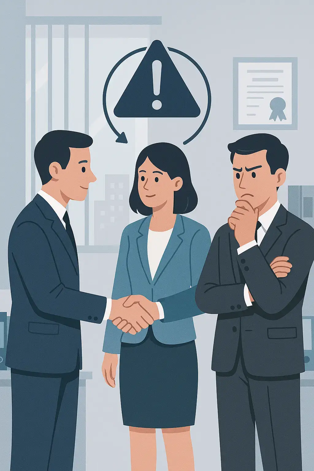 Représentation des types de conflits d’intérêts en entreprise avec des personnages en interaction.