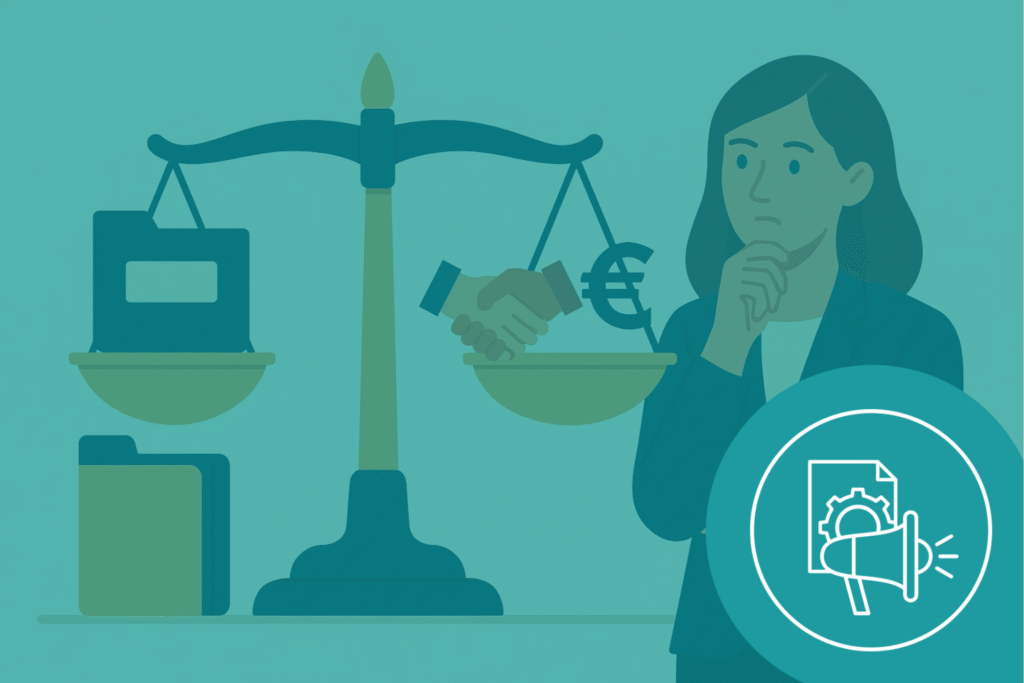 Illustration d'une femme observant différents types de conflits d’intérêts représentés par une balance de justice, des documents et des intérêts financiers.