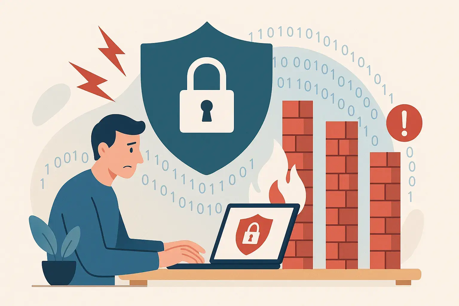 Illustration vectorielle d’un professionnel inquiet face à une attaque informatique, symbolisant le risque amplifié de cybersécurité lié aux tiers.