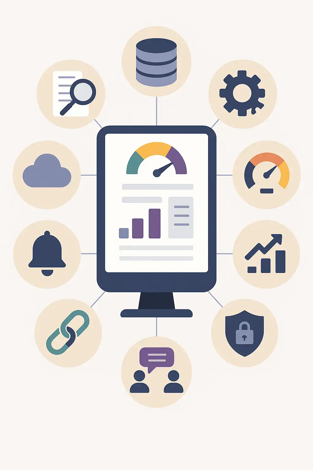 Illustration vectorielle verticale représentant les fonctionnalités clés des logiciels d’évaluation des tiers (centralisation, screening, scoring, alertes, sécurité).