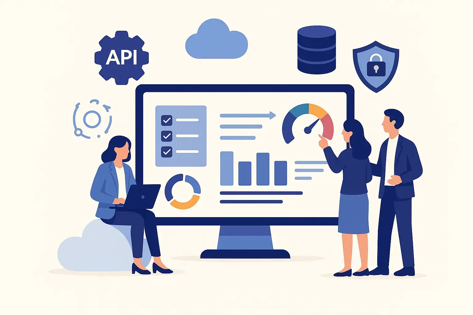 Illustration vectorielle d’un tableau de bord numérique avec graphiques et collaborateurs, entouré d’icônes digitales, symbolisant les outils et bonnes pratiques d’évaluation des tiers.