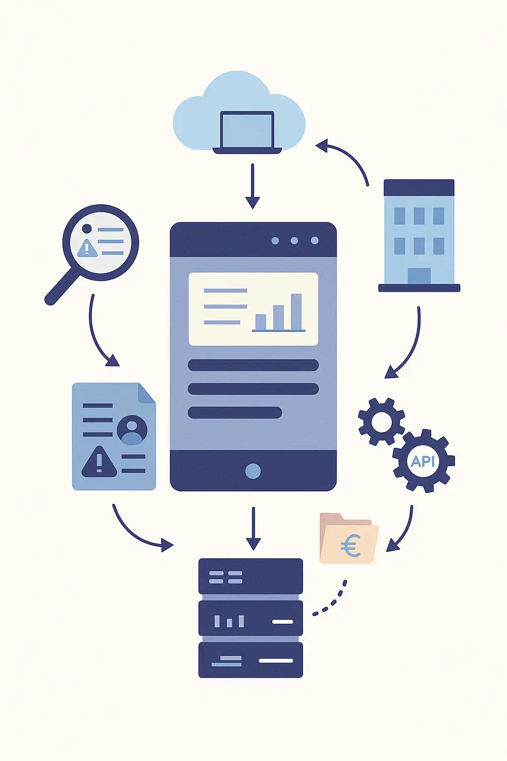 Illustration vectorielle verticale représentant différents outils numériques d’évaluation des tiers (SaaS, TPRM/GRC, screening, intégration API).