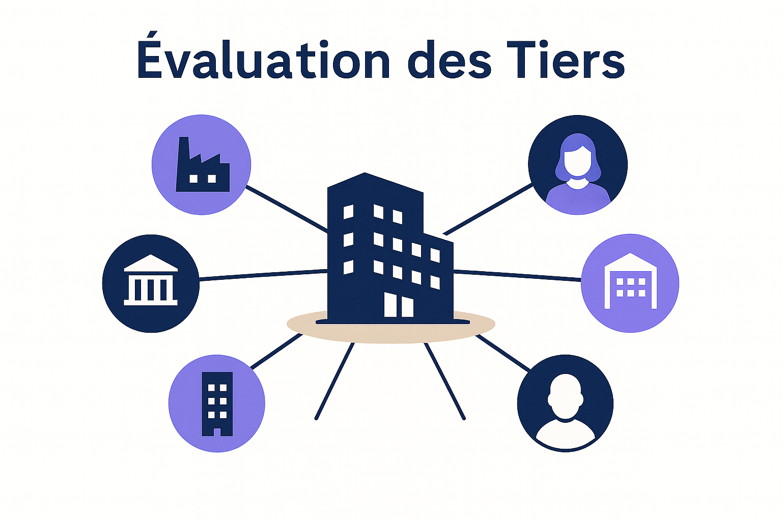 Illustration vectorielle montrant une organisation reliée à différents tiers externes, symbolisant l’évaluation des partenaires et des risques.