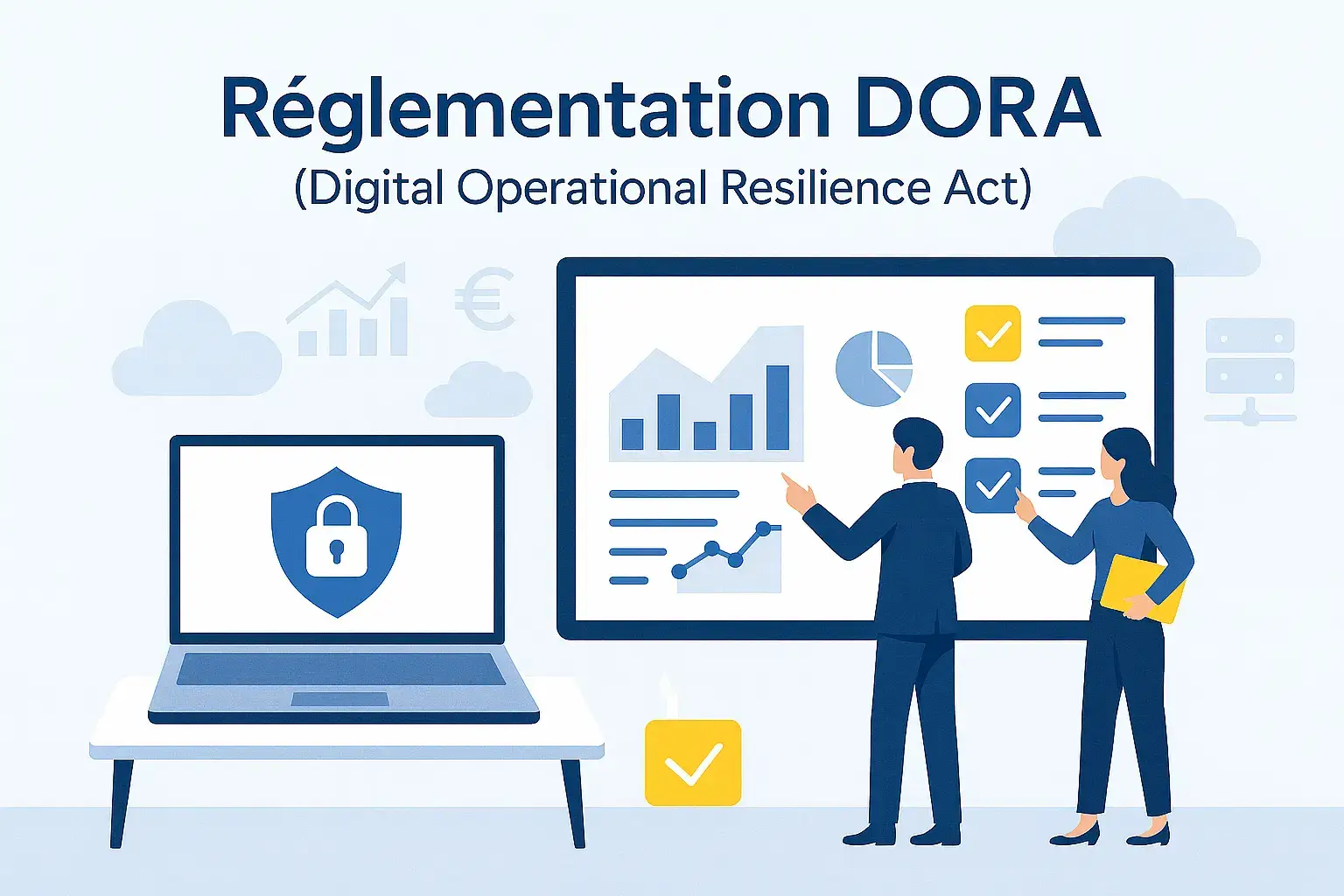 Illustration vectorielle de professionnels analysant des données de cybersécurité et de conformité dans le cadre de la réglementation DORA (Digital Operational Resilience Act).