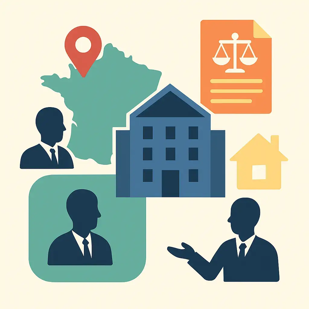 Illustration vectorielle représentant des bailleurs sociaux et la gestion des risques dans le logement social, avec des bâtiments, documents de conformité et équipes de gestion.