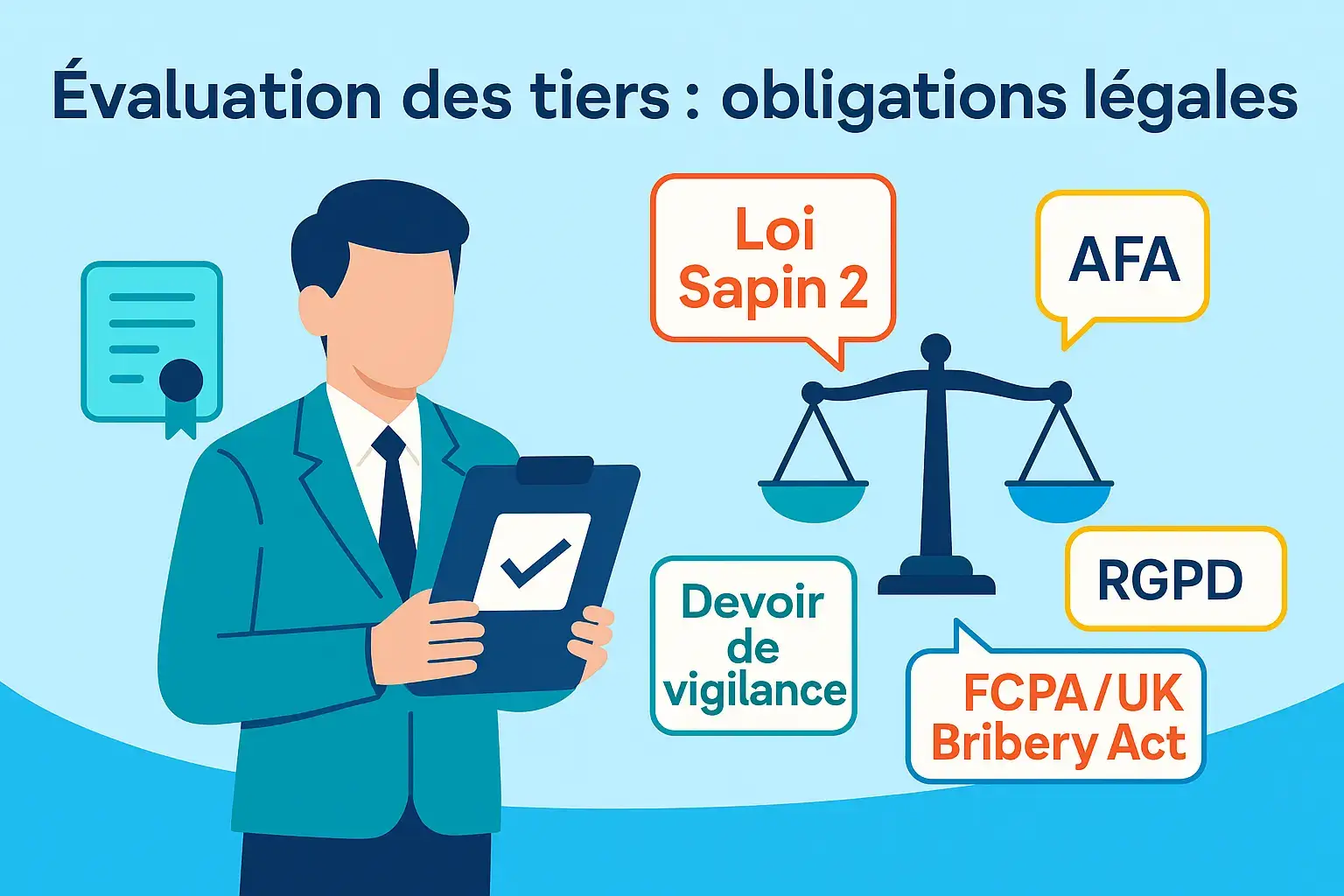 Évaluation des tiers : obligations légales Illustration des obligations légales liées à l’évaluation des tiers : Loi Sapin 2, AFA, RGPD, devoir de vigilance et FCPA/UK Bribery Act.