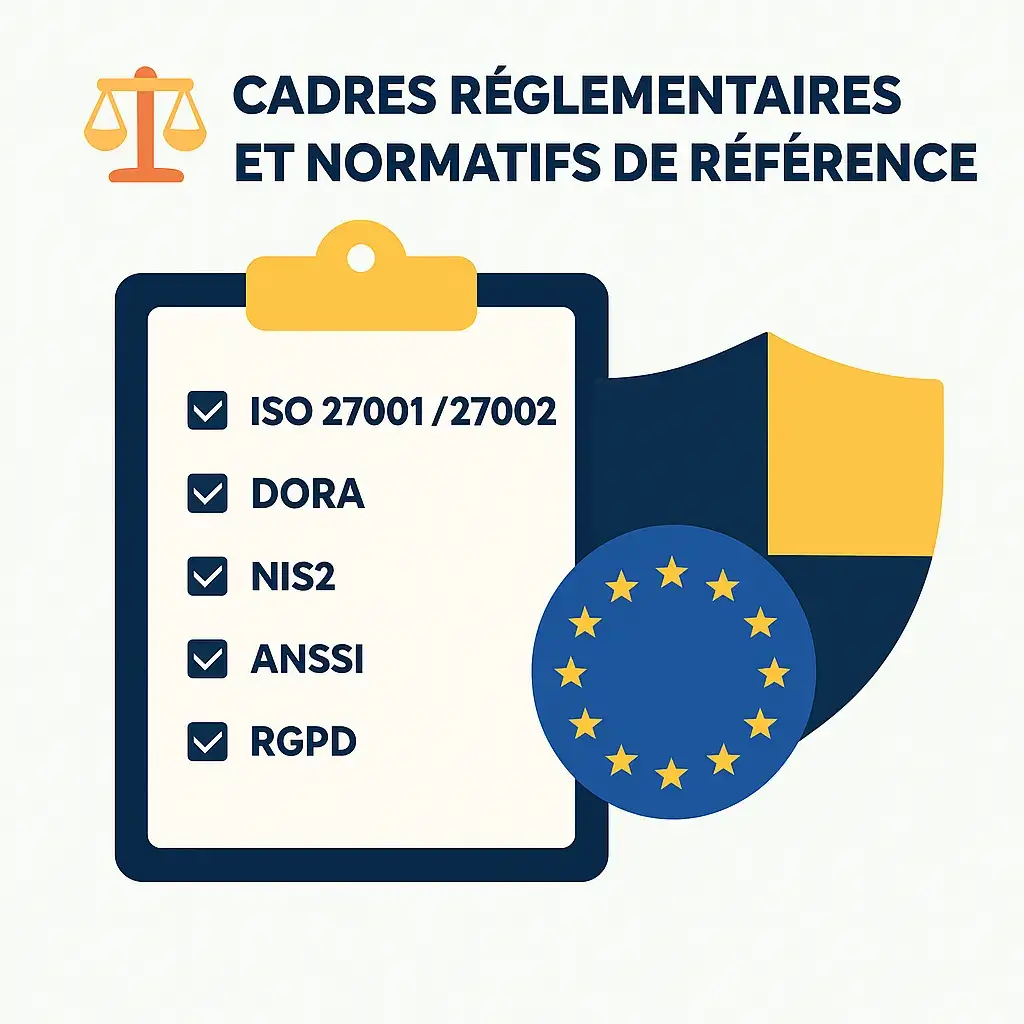 Cadres réglementaires et normatifs pour la gestion des risques cyber Illustration vectorielle des cadres réglementaires en cybersécurité : ISO 27001/27002, DORA, NIS2, ANSSI et RGPD