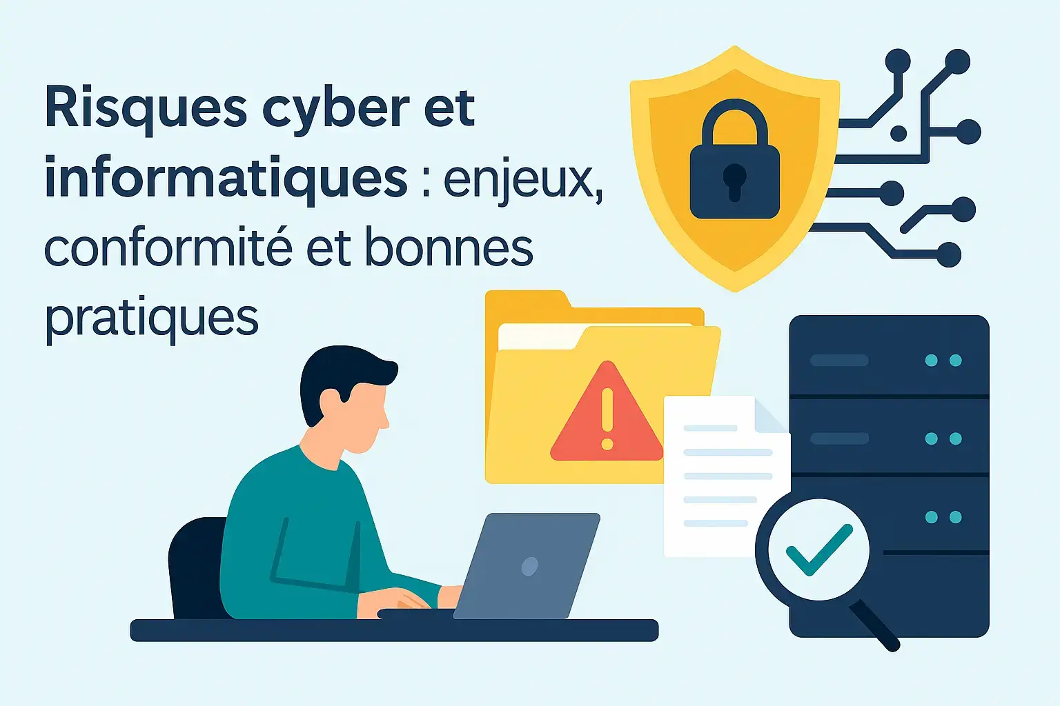 Illustration vectorielle sur les risques cyber et informatiques, symbolisant la cybersécurité, la conformité et les bonnes pratiques