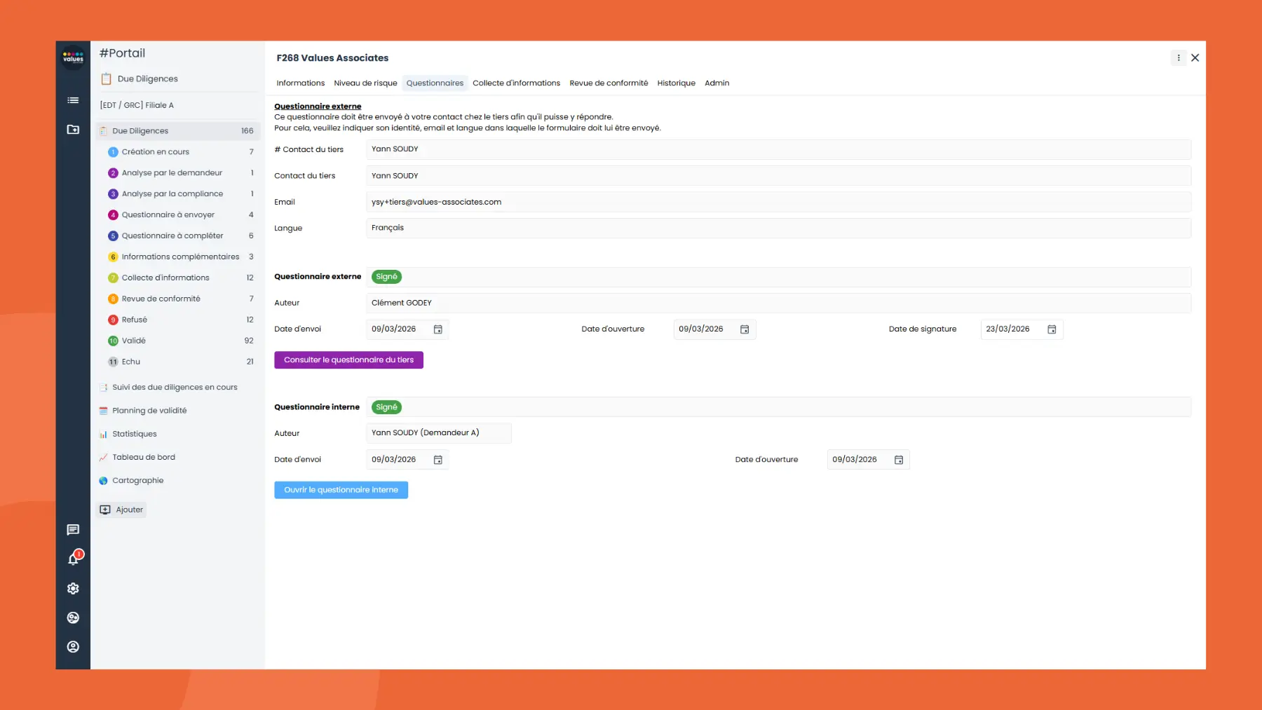 Interface logiciel d'évaluation des tiers - Scoring & formulaire tiers