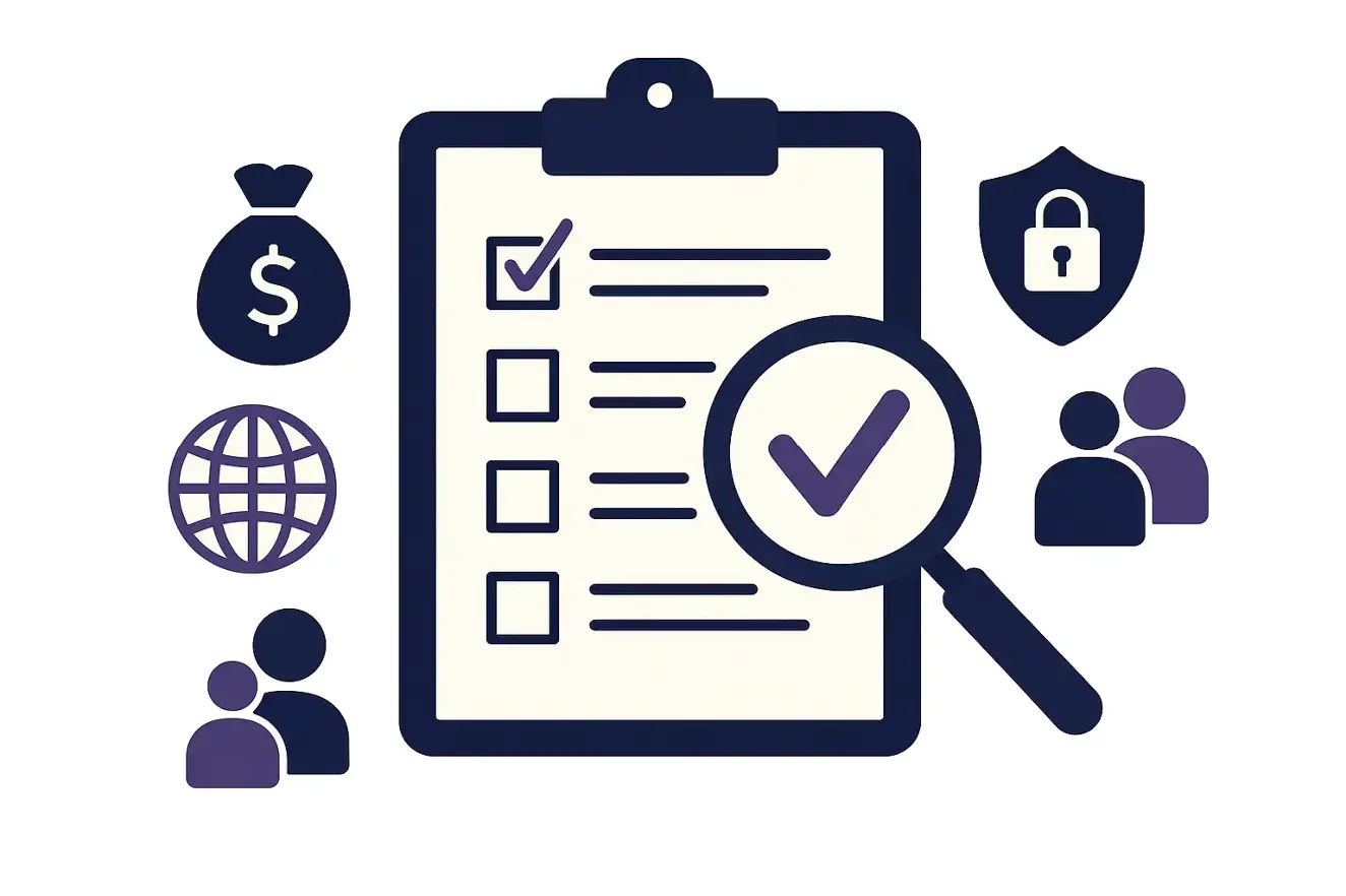 Illustration vectorielle d’une checklist et d’une loupe représentant la définition des objectifs et des risques dans l’évaluation des tiers.