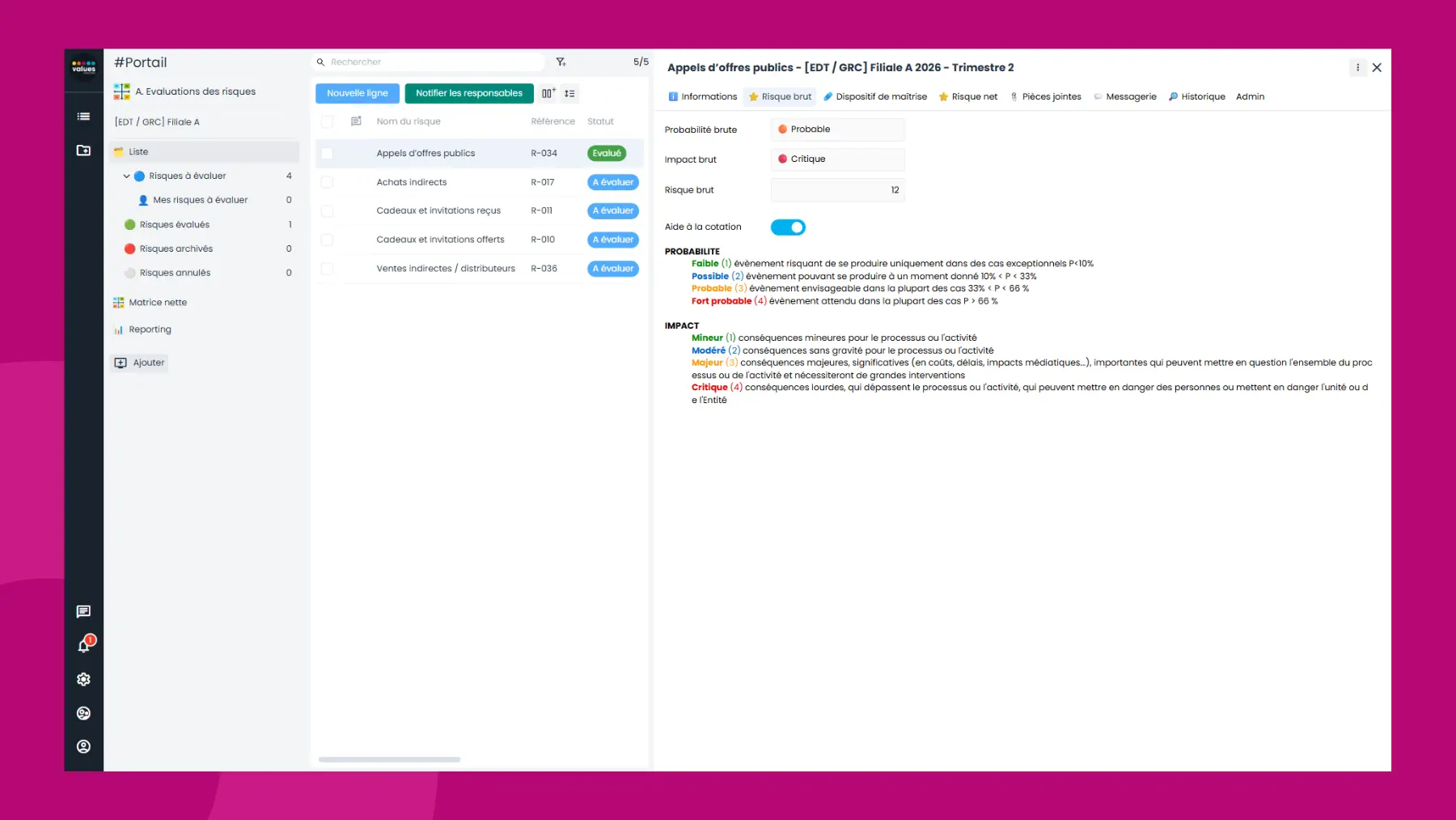 Interface logiciel Sapin 2 - Module cartographie des risques - Workflow
