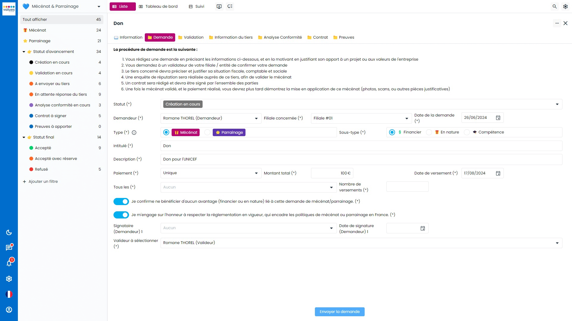 Interface logiciel Sapin 2 - Module Parrainage et mécénat - Personnalisation