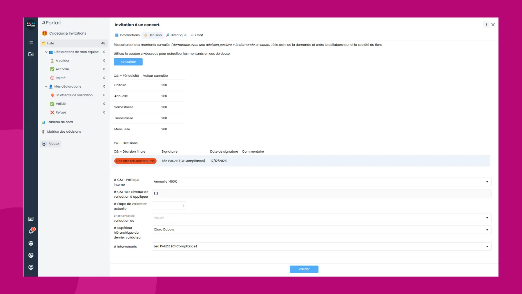 Interface logiciel Sapin 2 - Module Cadeaux et invitations - Workflow