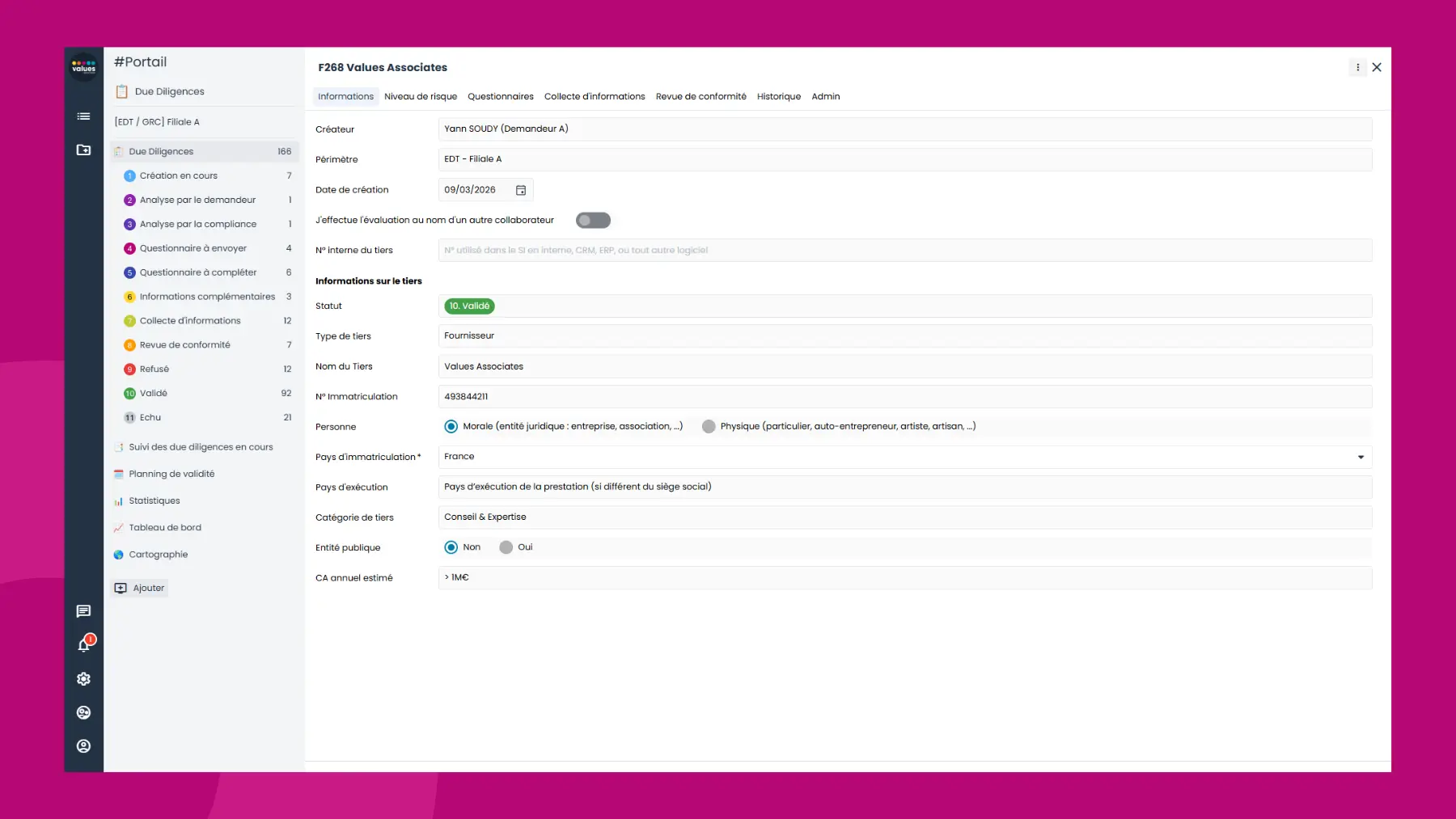 Interface logiciel Sapin 2 - Module évaluation intégrité des tiers - Workflow