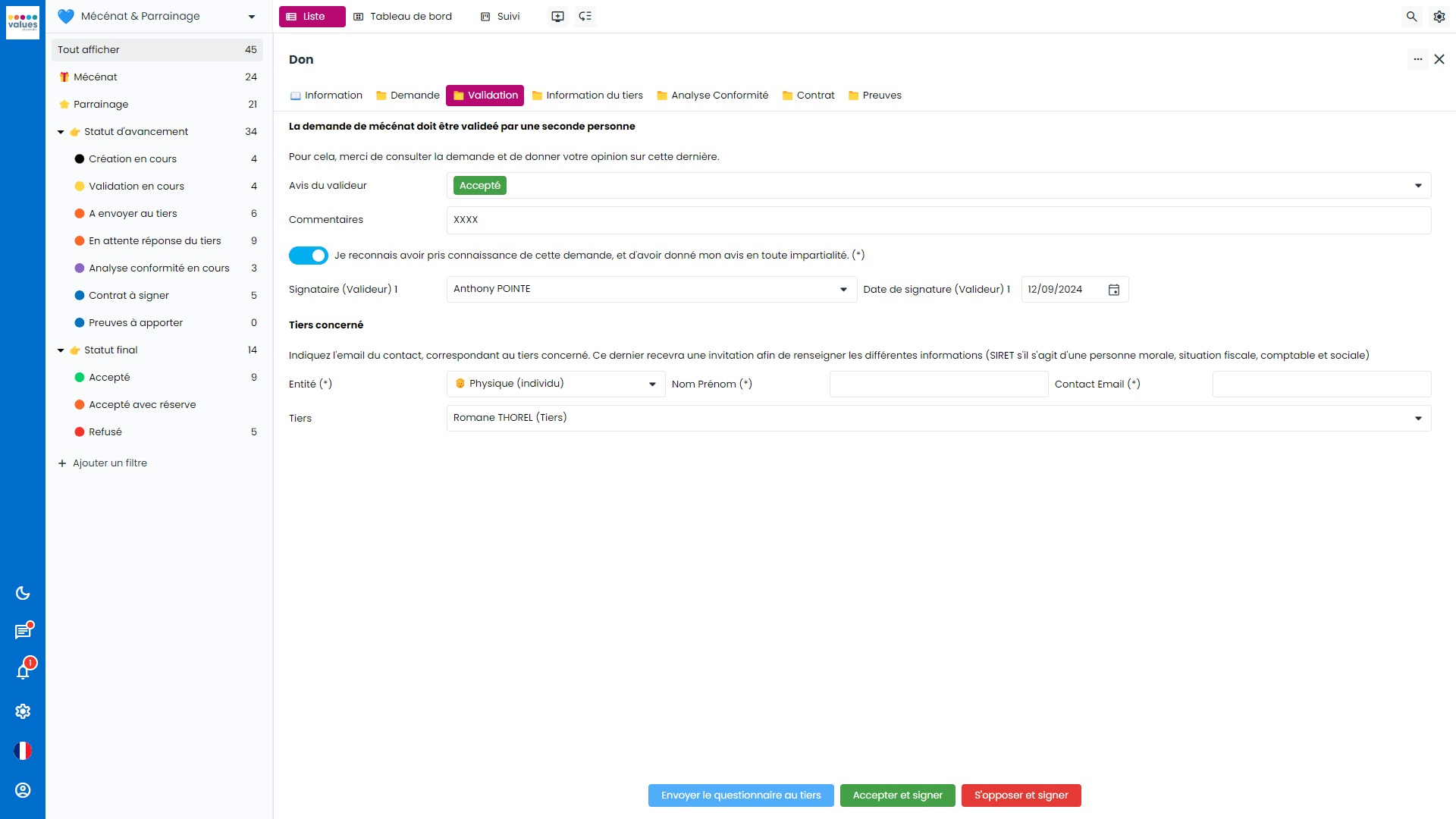 Interface logiciel Sapin 2 - Module Parrainage et mécénat - Workflow