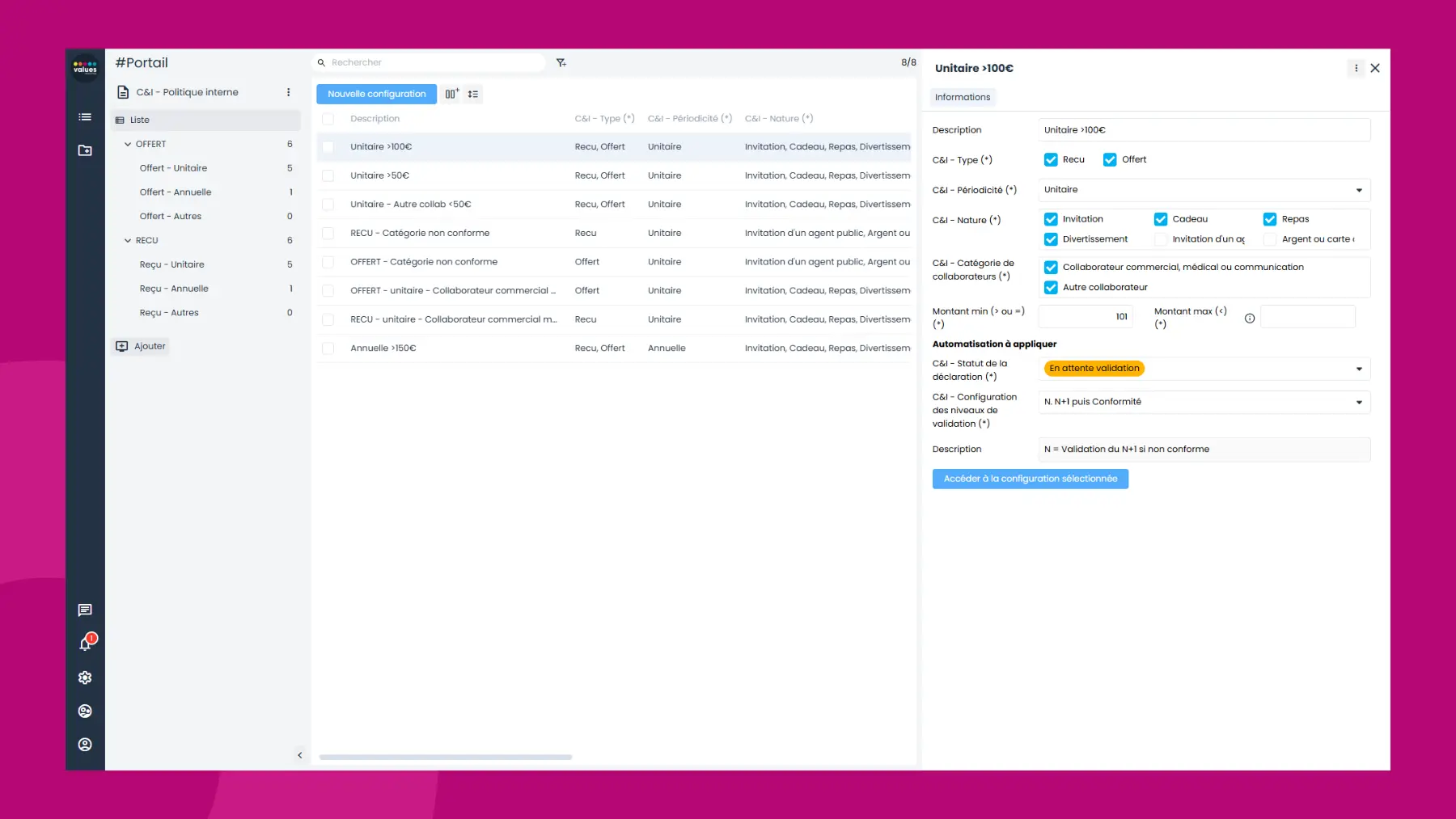 Interface logiciel Sapin 2 - Module Cadeaux et invitations - Scoring