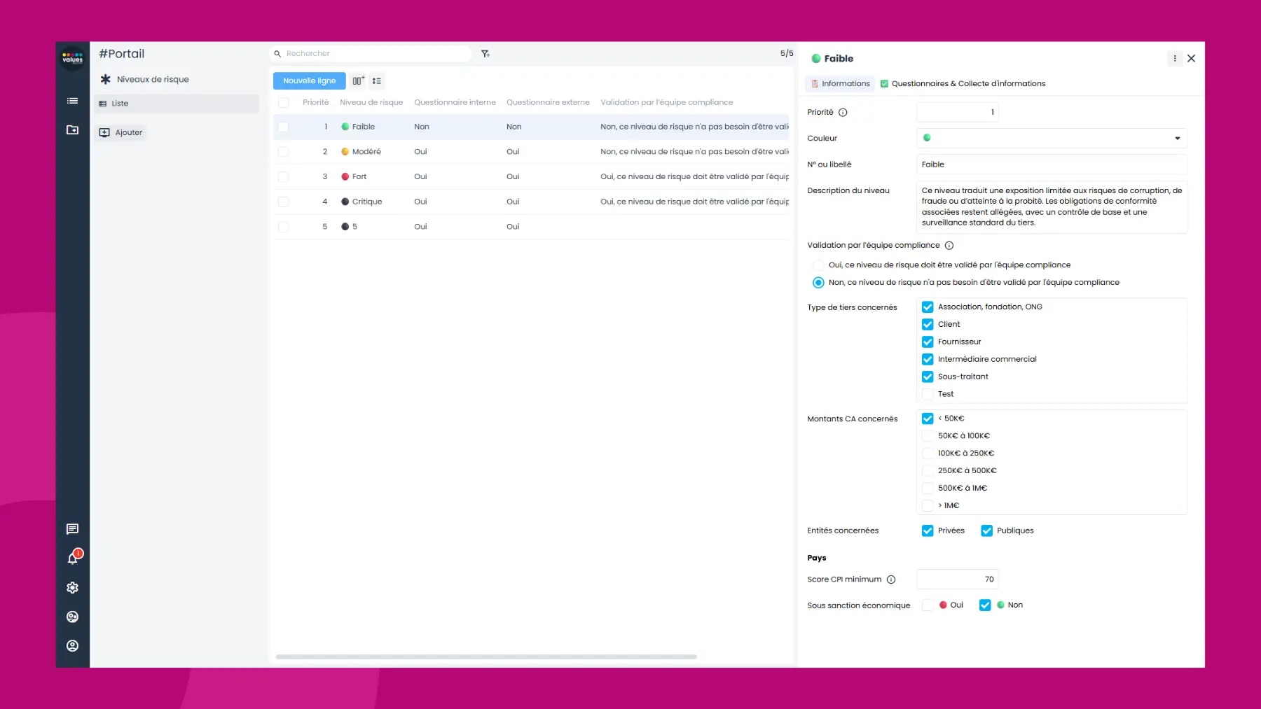 Interface logiciel Sapin 2 - Module évaluation intégrité des tiers - Scoring