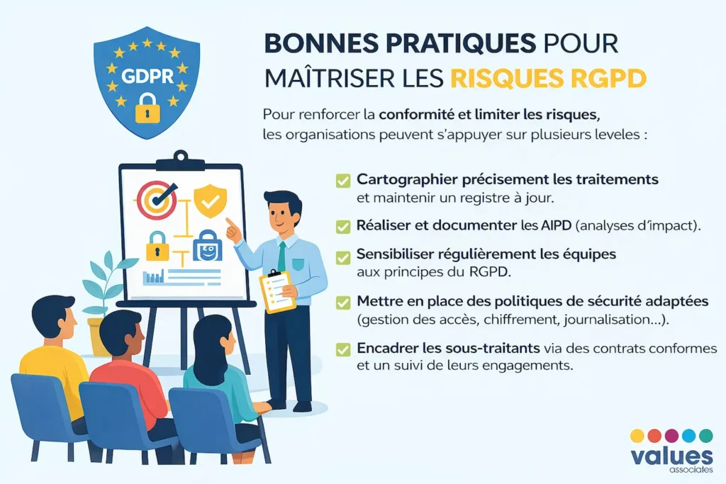 Illustration of GDPR best practices: record of processing activities, DPIA, team awareness, data security, and subcontractor management.