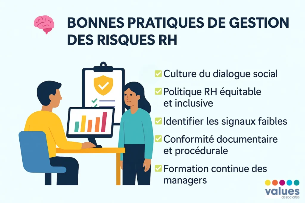 Illustration of HR risk management best practices: culture of social dialogue, fair and inclusive HR policy, identification of weak signals, documentary compliance, and continuous manager training.