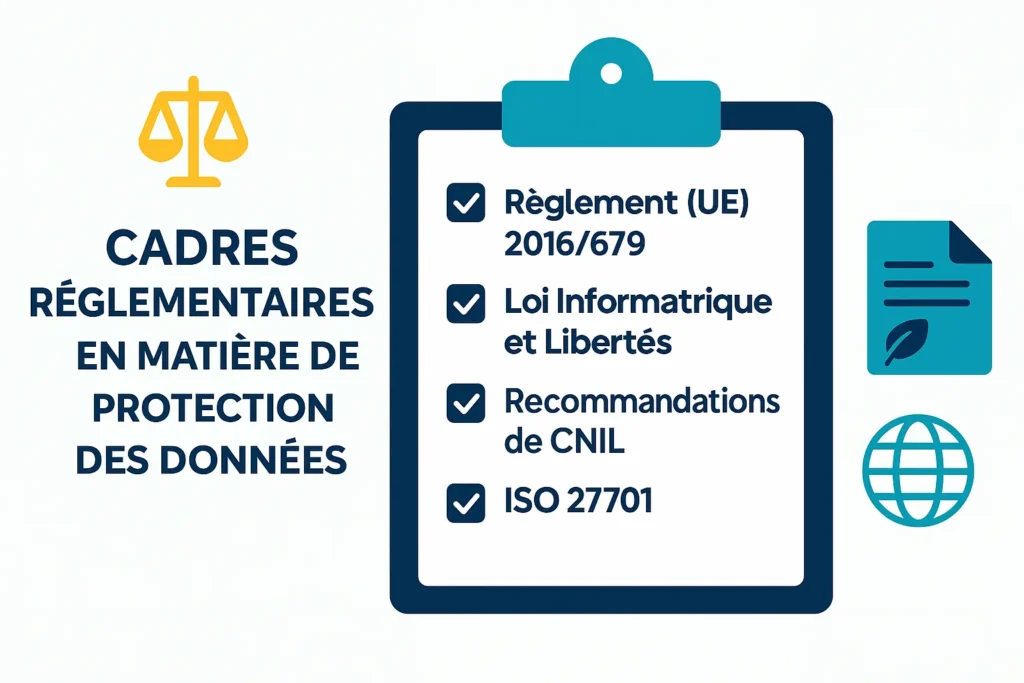 Illustration of regulatory frameworks for data protection: GDPR, French Data Protection Act, CNIL recommendations, and ISO 27701 standard.
