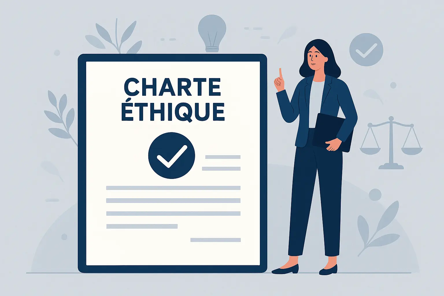 Illustration d’une charte éthique en entreprise pour prévenir les conflits d’intérêts, avec une femme professionnelle et des symboles de justice.