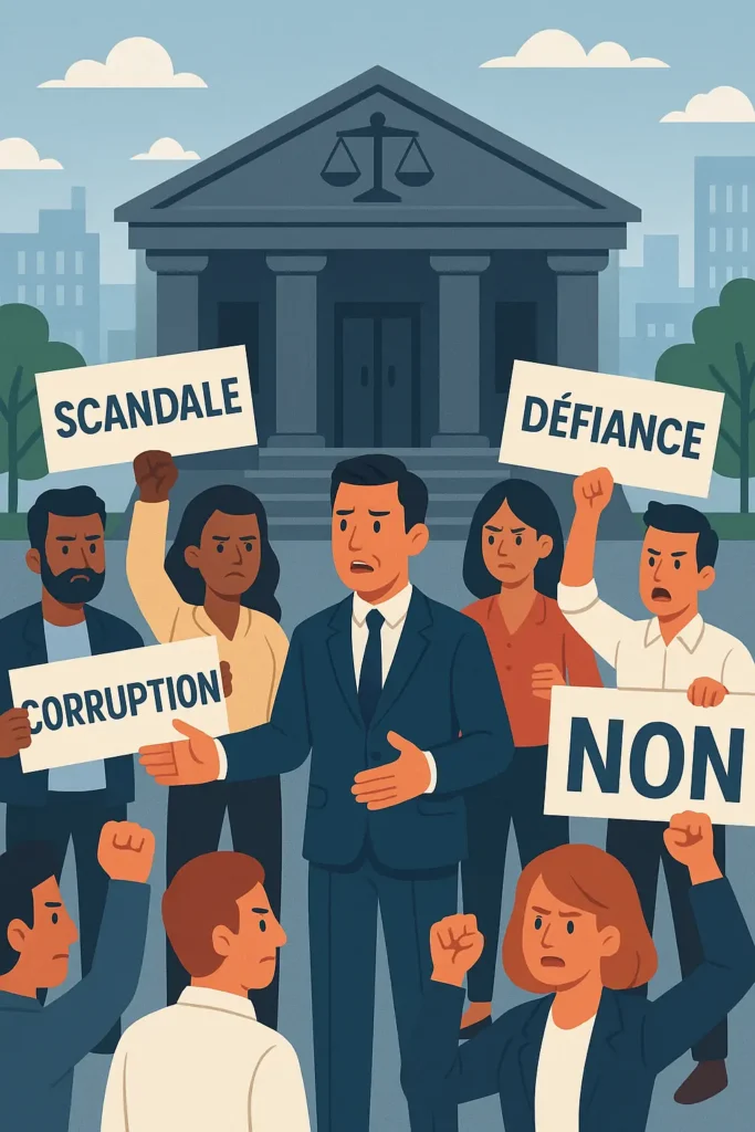 Citizen demonstration in front of a public building to denounce conflicts of interest, corruption, and the loss of trust in institutions.