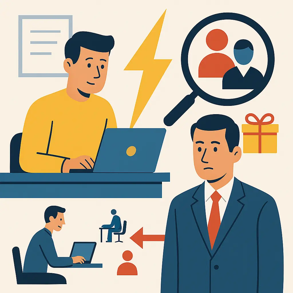 Infographic illustrating different examples of conflicts of interest in companies: family recruitment, favoritism, potential conflicts of interest, and gifts received