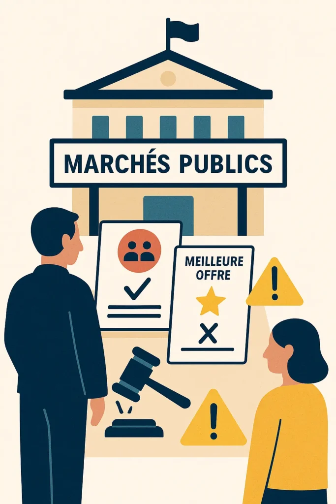 Vector illustration of a conflict of interest in public procurement, with a contract awarded based on questionable criteria and a symbol of legal sanction.