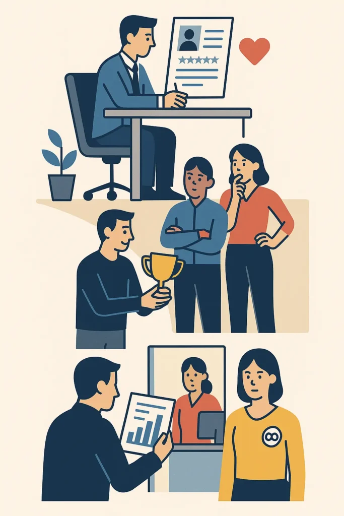 Vector illustration representing conflict of interest situations in human resources, internal functions and external business relationships.