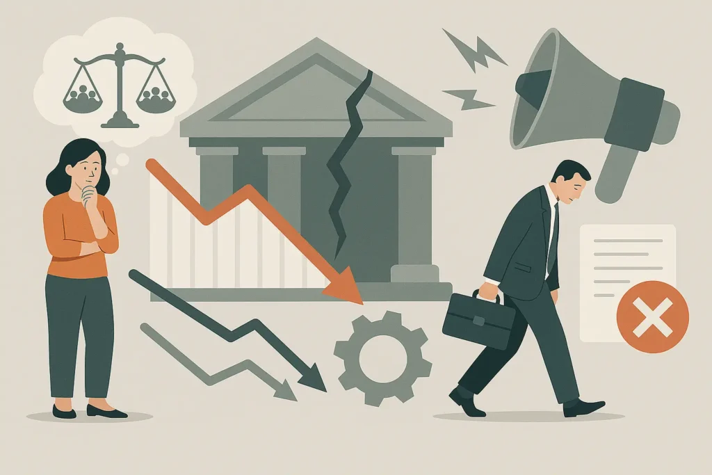 Illustration of the negative consequences of conflicts of interest for the company: loss of trust, decline in activity, and legal imbalance.
