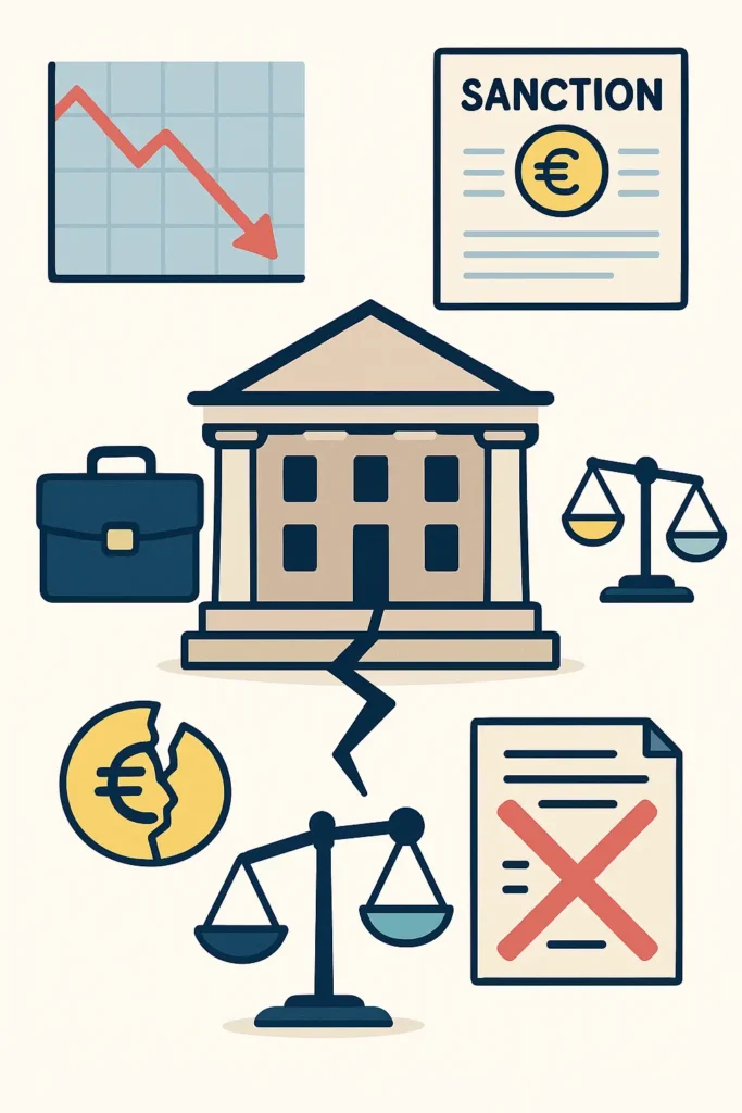 Vector illustration showing the economic consequences of conflicts of interest: financial decline, sanctions, loss of investment and budget imbalance.
