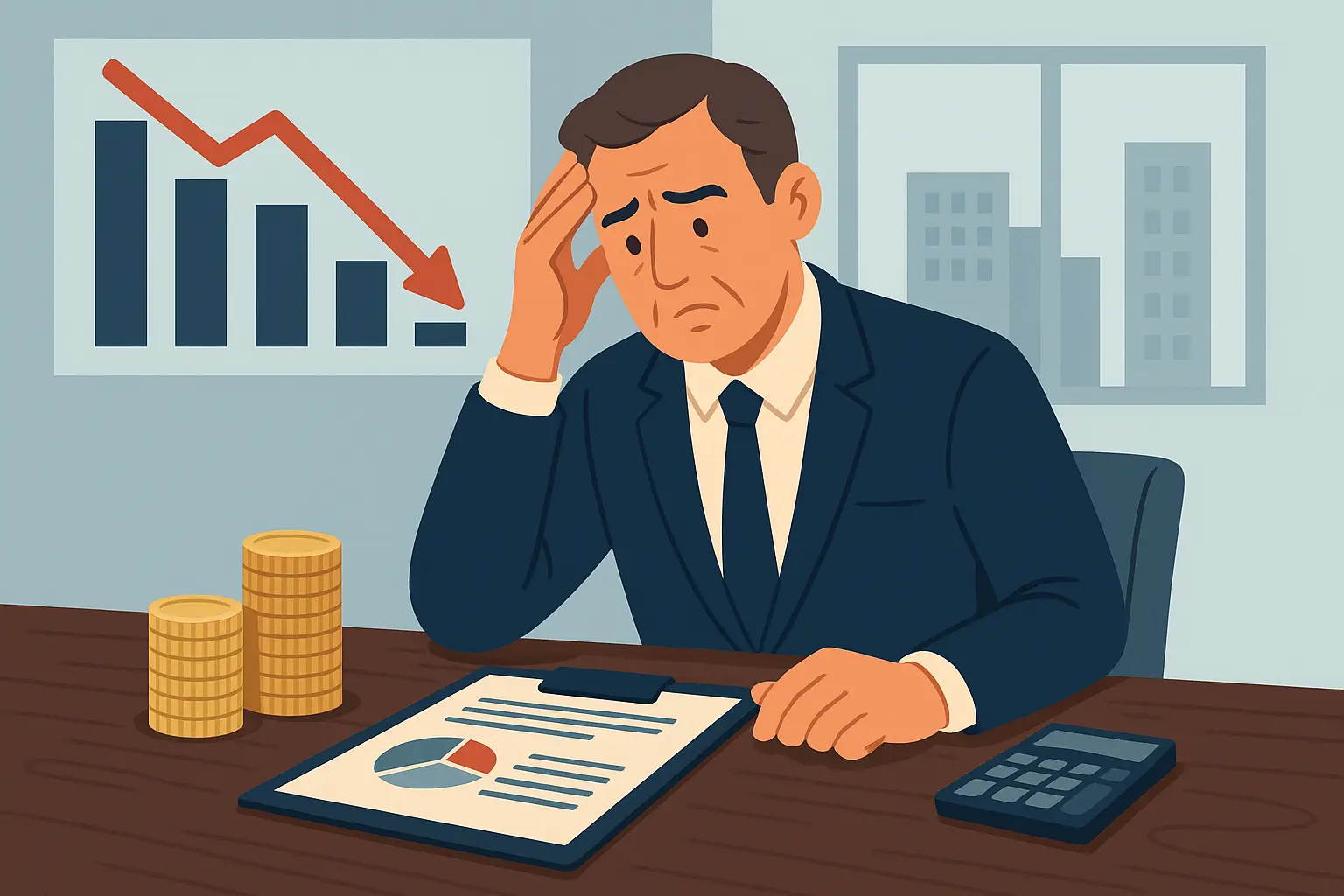 Illustration d’un responsable administratif préoccupé par l’impact budgétaire des conflits d’intérêts, avec documents financiers et graphique en baisse.