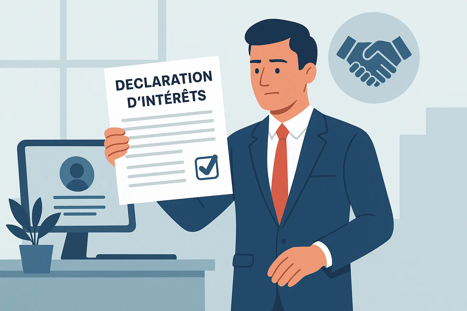 Illustration d’un professionnel tenant une déclaration d’intérêts pour prévenir les conflits dans une entreprise.