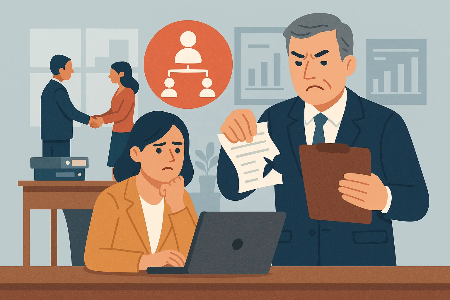 Illustration d’une mauvaise gestion des ressources publiques due à un conflit d’intérêts, avec un agent en colère déchirant un document et une collègue préoccupée.