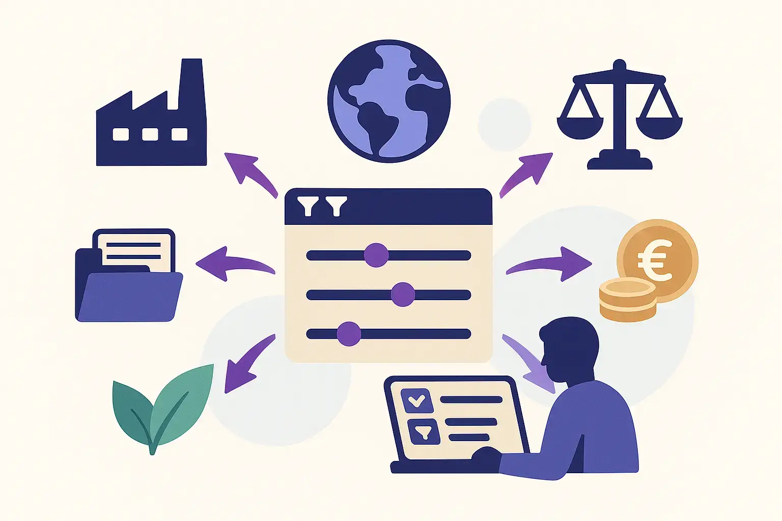 Illustration vectorielle d’un tableau de bord avec curseurs et icônes de filtres, symbolisant l’adaptation des logiciels d’évaluation des tiers aux priorités de l’organisation.