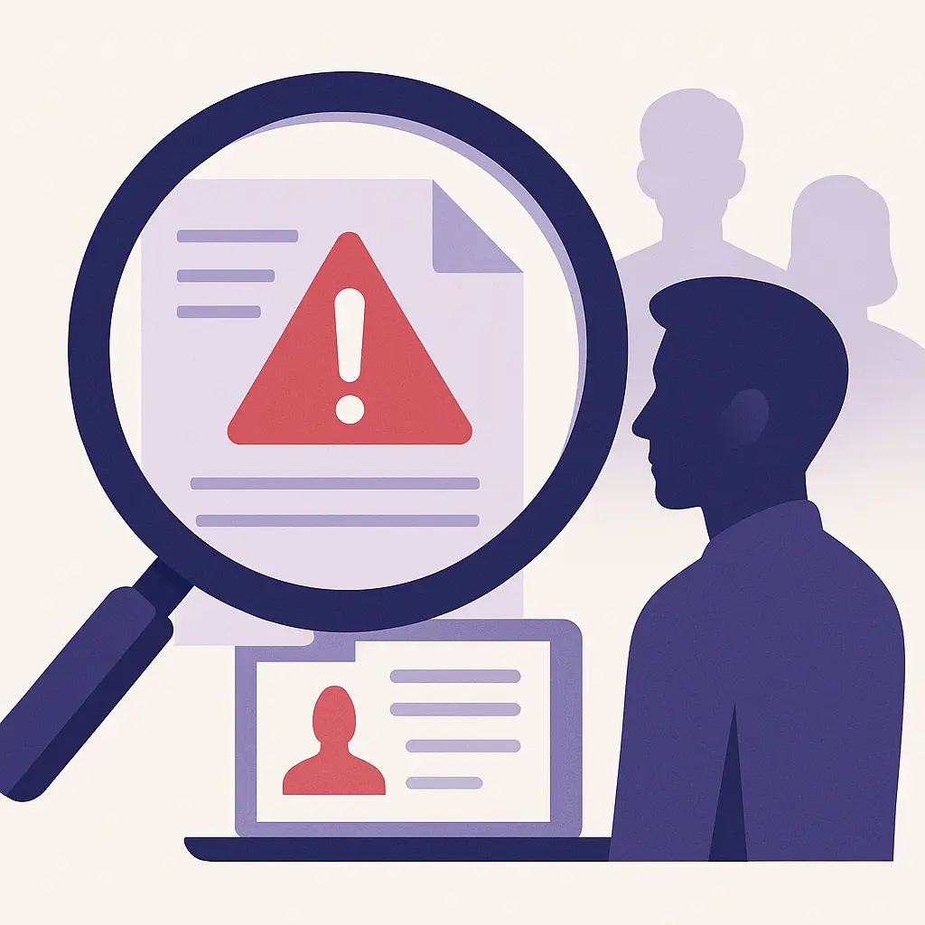 Illustration vectorielle d’une loupe sur un document avec un signal d’alerte rouge, symbolisant l’évaluation approfondie des tiers à risque élevé.