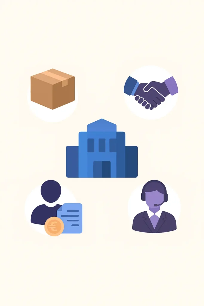 Vertical vector illustration of an organization surrounded by suppliers, partners, sensitive clients, and intermediaries.