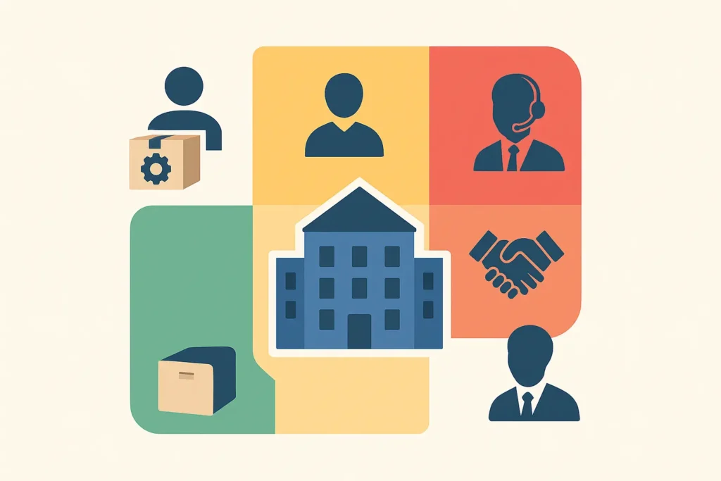 Vector illustration of a three-color risk matrix with a central building and third parties positioned according to their criticality.