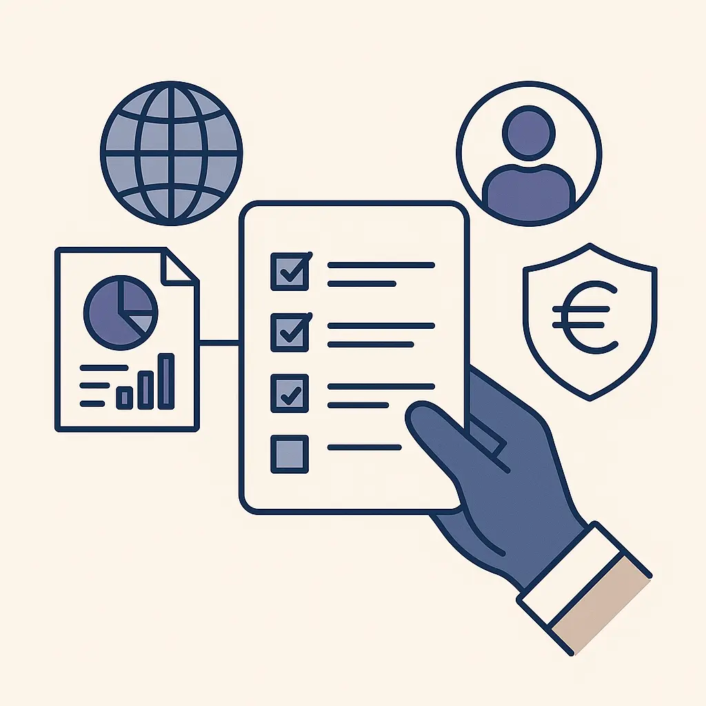 Illustration vectorielle d’un formulaire avec documents, globe et données financières, symbolisant la collecte d’informations sur les tiers.